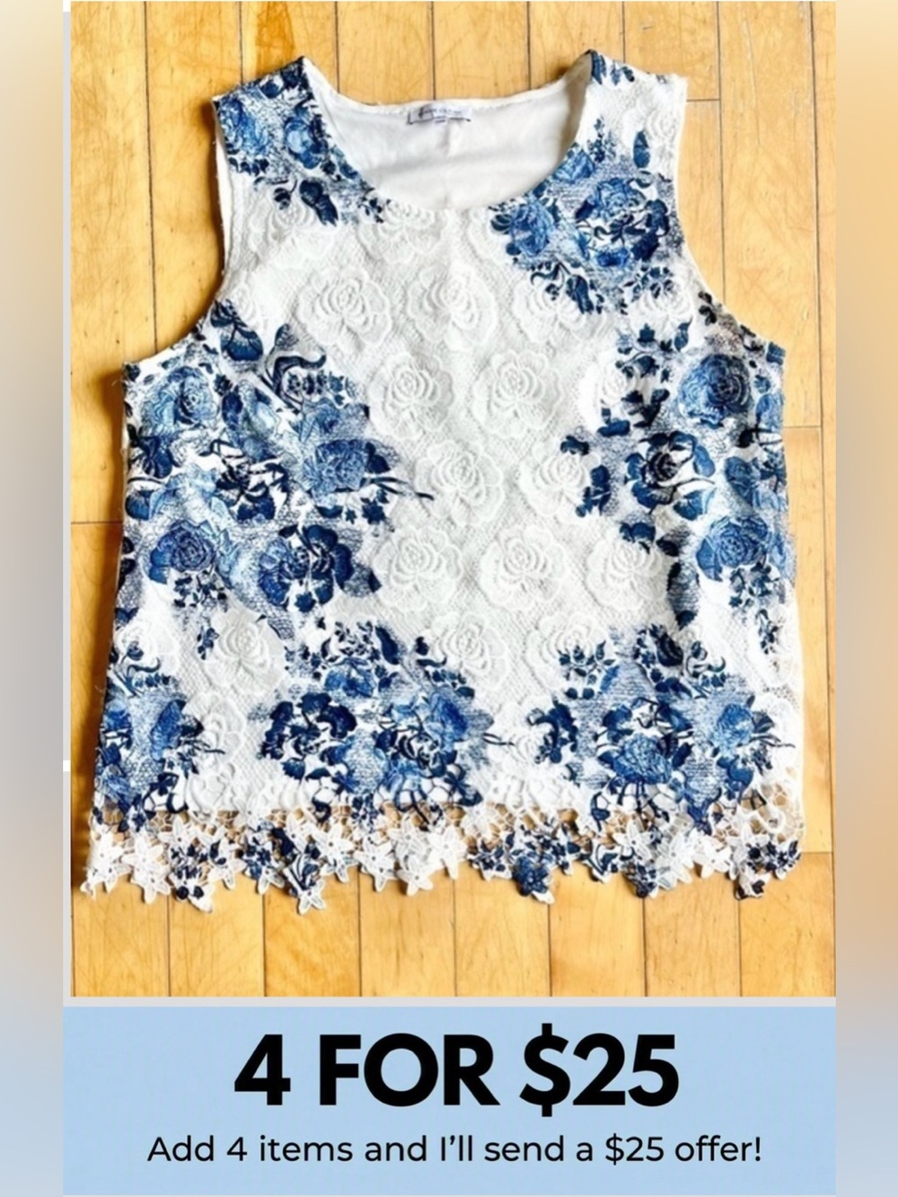 Marie Claire Floral White & Blue Lace & Embroidered Sleeveless Blouse Size XXL